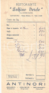 Materiale pubblicitario d’epoca 1967 LAVAGNA GE Ristorante DELFINO VERDE Spumanti ANTINORI Ricevuta 1