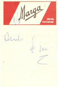 Materiale pubblicitario d’epoca 1965 ca MARGA Crema per calzature *Ricevuta 9x13 cm 1