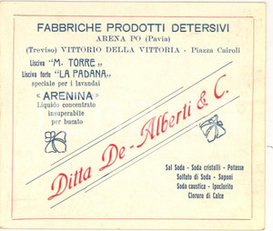 Oggetto da collezione cartaceo 1930 ca ARENA PO PV Prodotti detersivi DE ALBERTI & C. 2 1
