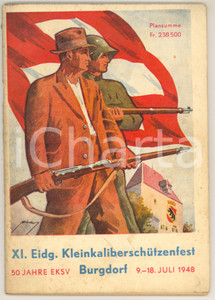 1948 BURGDORF XI Eidg. Kleinkaliberschießen - SHOOTING - Pubblicazione Pubblicazione originale d'epoca, relativa alla manifestazione, con numerose pubblicità all'interno.il Kleinkaliberschießen è una disciplina da competizione olimpica simile al tiro con la carabina.PAGINE: 76 GOOD/buono lievi fioriture e tracce d'uso Formato: 15x21 cm originale e autentica 1