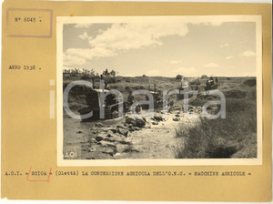 1938 AOI OLETTA' (ETIOPIA) Macchine agricole nella concessione ONC *Foto 24x18 Fotografia originale d'epoca, con timbro datario e didascalia.Montata su cartoncino morbido. POOR/danneggiato graffi e piccoli danni al cartoncino Formato: 24x18 cm originale e autentica 1