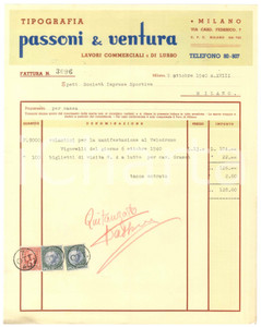 Documento originale, autentico 1940 MILANO Tipografi PASSONI & VENTURA Fattura volantini Velodromo VIGORELLI 3 1