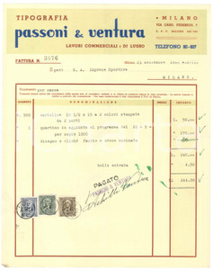 Documento originale, autentico 1940 MILANO Tipografi PASSONI & VENTURA Fattura volantini Velodromo VIGORELLI 4 1