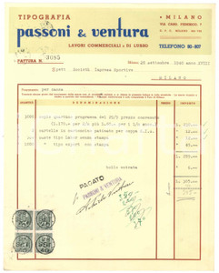 Documento originale, autentico 1940 MILANO Tipografi PASSONI & VENTURA Fattura volantini Velodromo VIGORELLI 1 1