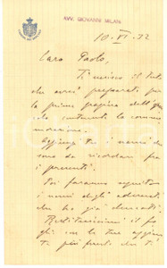 Autografo originale 1932 PADOVA Lettera on. Giovanni MILANI per commemorazione AUTOGRAFO 1