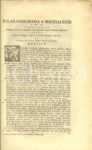1769 TORINO Sentenza pro Giuseppe BOGGERO vs Giovanni MAFFEI per cauzione Documento a stampa, originale d'epoca, relativo alla lite sorta tra Giuseppe Boggero e GIovanni Maffei per il versamento della dote materna ricevuta in eredità da Giuseppe Boggero, che chiedeva una compensazione per spese sostenute.In lingua latina.PAGINE: 12 FAIR/discreto piccolo foro centrale; qualche fioritura Formato: 24x36 cm originale e autentica 1