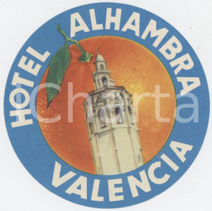 Materiale pubblicitario d’epoca 1970 ca VALENCIA Hotel Alhambra  Etichetta ILLUSTRATA 8x8 cm 1 1