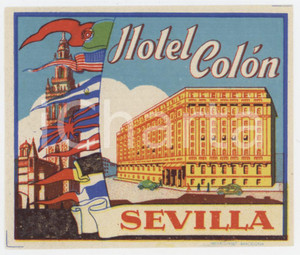 1960 ca SEVILLA Hotel COLON Etichetta illustrata 11x10 cm (1) Etichetta d'epoca. GOOD/buono  Formato: 11x10 originale e autentica 1