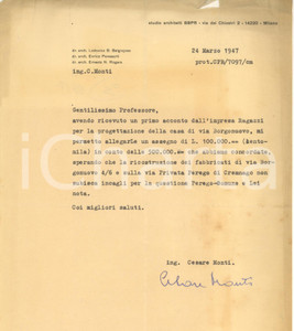 Autografo originale 1947 MILANO Studio Architetti BBPR  Lettera ing. Cesare MONTI AUTOGRAFO 1