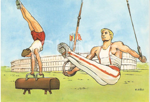 Cartolina originale da collezione 1960 ROMA XVII OLIMPIADE Ginnasti STADIO OLIMPICO Illustrata ZURLI Cartolina 1 1