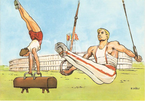 Cartolina originale da collezione 1960 ROMA XVII OLIMPIADE Ginnasti STADIO OLIMPICO Illustrata ZURLI Cartolina 3 1