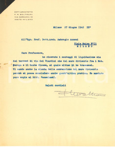 Autografo originale 1942 MILANO Lettera arch. Filippo Maria BELTRAMI per conteggi AUTOGRAFO 1