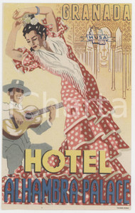1930 ca GRANADA ESPANA Hotel Alhambra Palace - Etichetta ILLUSTRATA 14x9 (2) Etichetta d'epoca.  FAIR/discreto Lievi smussature agli angoli Formato: 14x9 originale e autentica 1
