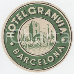 1950 ca BARCELONA Hotel Granvia - Etichetta ILLUSTRATA 11x11 (3) Etichetta d'epoca. FAIR/discreto Residui di inchiostro al recto Formato: 11x11 originale e autentica 1