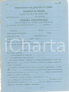 Documento originale, autentico 1918 ROMA WW1 Censimento profughi di guerra Scheda NON COMPILATA 8 1