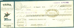 Documento originale, autentico 1930 MILANO Società Anonima Lavorazione Cera TANA Cambiale pubblicitaria 3 1