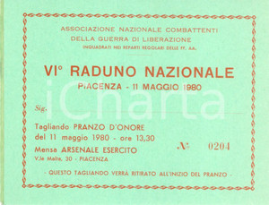 Oggetto da collezione cartaceo 1980 PIACENZA Vi Raduno Nazionale Combattenti Guerra di Liberazione Biglietto 3 1
