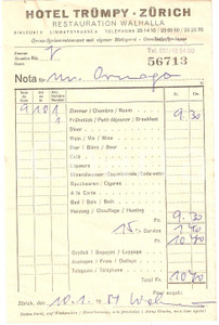 Materiale pubblicitario d’epoca 1957 ZURICH CH Hotel TRUMPY Restauration WALHALLA Ricevuta 2 1