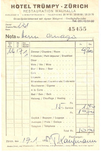 Materiale pubblicitario d’epoca 1957 ZURICH CH Hotel TRUMPY Restauration WALHALLA Ricevuta 4 1