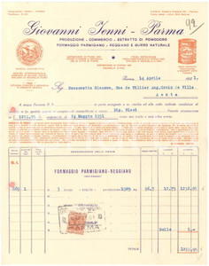 1931 PARMA Giovanni IENNI Produzione Formaggio Parmigiano Reggiano - Fattura 3 Fattura commerciale d'epoca manoscritta, su carta intestata.Presente marca da bollo.PAGINE: 1  FAIR/discreto piegature d'epoca, fori da classificatore Formato: 22x28 cm originale e autentica 1