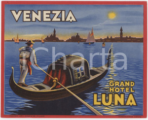 1940 ca VENEZIA Grand Hotel Luna - Gondoliere - Etichetta ILLUSTRATA 12x10 (2) Etichetta d'epoca.  GOOD/buono  Formato: 12x10 cm originale e autentica 1
