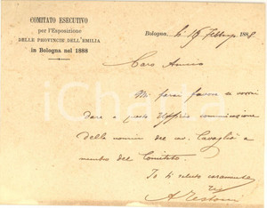 Autografo originale 1888 BOLOGNA Biglietto Alfredo TESTONI Comitato Esposizione 1888  AUTOGRAFO 1