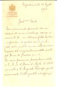 Autografo originale 1905 CAPODIMONTE Oberto SAN MARTINO D AGLIE  ringrazia per libro al DUCA D AOSTA 1
