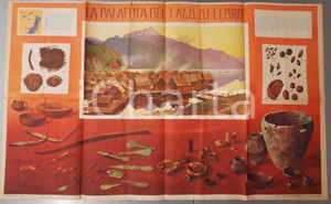 1959 La palafitta del LAGO DI LEDRO - Ill. G. B. BERTELLI Poster SCUOLA ITALIANA Poster a colori, originale d'epoca, a uso didattico.Allegato al n° 5 del 10 novembre 1959 di "Scuola Italiana Moderna" - Editrice La Scuola - Brescia. POOR/danneggiato piegature d'epoca; strappo al lato inferiore Formato: 55x90 cm originale e autentica 1