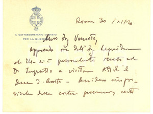 Autografo originale 1926 ROMA Ugo CAVALLERO  Visita al Duca d Aosta  Biglietto AUTOGRAFO 1