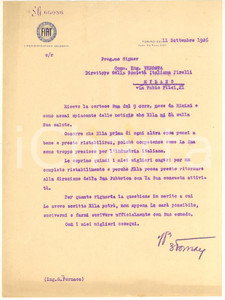 Autografo originale 1926 TORINO FIAT Lettera ing. Guido FORNACA a un collega malato Autografo 1