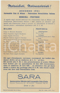1950 Automobile Club MILANO Accordo benzina e posteggi motociclisti ^Volantino Volantino originale d'epoca. FAIR/discreto piegature d'epoca con ingiallimenti lungo le piegature Formato: 14x22 cm originale e autentica 1
