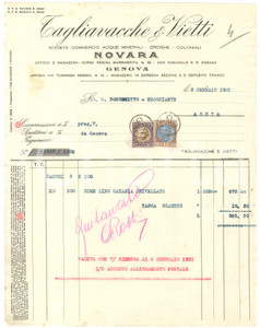 1931 NOVARA - TAGLIAVACCHE & VIETTI Commercio acque minerali Coloniali ^Fattura Fattura commerciale d'epoca manoscritta, su carta intestata.Presenti marche da bollo.PAGINE: 1  FAIR/discreto piegature d'epoca, fori da classificatore, increspature ai margini Formato: 21x28 cm originale e autentica 1
