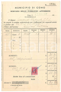 Documento originale, autentico 1939 CICLISMO COMO Servizio Pubbliche Affissioni  Ricevuta GIL  16x24 cm 3 1