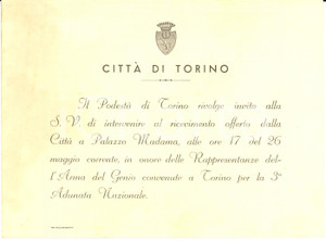 Documento originale, autentico 1933 TORINO Ricevimento 3 Adunata Nazionale ARMA DEL GENIO Invito 1