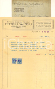 1931 BORGOSATOLLO Deposito macchine agricole FRATELLI VALZELLI *Fattura Fattura commerciale originale d'epoca, con busta intestata.  POOR/danneggiato piegature d'epoca FORMATO: 23x29 cm originale e autentica 1