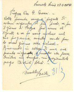 Autografo originale 1938 CICLISMO SERRAVALLE Lettera Osvaldo BAILO per gara a Pasqua  AUTOGRAFO 1