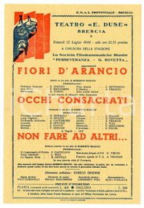 1946 BRESCIA Teatro Eleonora Duse - Tre spettacoli di Roberto BRACCO Manifesto 1 Manifesto d'epoca.   FAIR/discreto Piegatura centrale d'epoca FORMATO: 17x24 cm originale e autentica 1