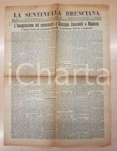1909 LA SENTINELLA BRESCIANA Monumento a Giuseppe Zanardelli a Maderno *Giornale DATA: 19 aprile 1909Giornale originale d'epoca, contenente la notizia dell'inaugurazione del monumento a Giuseppe Zanardelli a Maderno, realizzato dall'artista Leonardo Bistolfi. PAGINE: 4 FAIR/discreto piegatura centrale d'epoca con strappo; piccola mancanza marginale; piccoli strappi marginali FORMATO: 42x56 cm originale e autentica 1