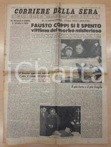 1960 CORRIERE DELLA SERA Morte di Fausto Coppi per morbo misterioso *Giornale DATA: 3 gennaio 1960Giornale originale d'epoca. PAGINE: 14 FAIR/discreto piegature d'epoca; ingiallimenti centrali; piccola mancanza all'ultima pagina FORMATO: 43x58 cm originale e autentica 1