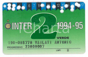 Oggetto da collezione cartaceo 1994/1995 MILANO Stadio San Siro INTER Tessera del tifoso 2 verde  8x5 cm 1