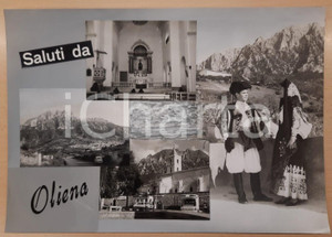 1960 ca OLIENA Olianesi in costumi tipici - Bozzetto preparatorio cartolina Bozzetto preparatorio per cartolina postale.Collage su cartoncino flessibile, con velina di protezione.  FAIR/discreto Lievi smussature agli angoli FORMATO: 43x30 cm originale e autentica 1