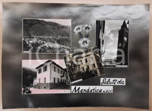 1955 ca MENDATICA Vedutine e Albergo Cacciatori *Bozzetto preparatorio cartolina Bozzetto preparatorio per cartolina postale.Collage su cartoncino flessibile.  FAIR/discreto sbrecciature ai margini, piegatura all'angolo inferiore sinistro FORMATO: 45x33 cm originale e autentica 1