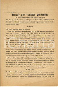 1869 MUSCOLINE (BS) Bando per vendita giudiziale - Terra in Contrada PROMO Documento a stampa, originale d'epoca, contenente il bando per vendita giudiziale di una terra oggetto di controversia, contro il debitore Andrea Folli.  PAGINE: 4 (1 bianca) FAIR/discreto piegature d'epoca FORMATO: 21x31 cm originale e autentica 1