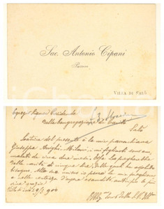 1900 VILLA DI SALO' (BS) Don Antonio CIPANI - Biglietto da visita autografo Biglietto da visita, originale d'epoca, autografo, con messaggio relativo alla carità in favore di una parrocchiana povera e con figli malati.  FAIR/discreto lievi fioriture FORMATO: 11x7 cm originale e autentica 1