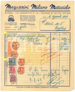1949 MILANO Via Lazzaretto 16 - MAGAZZINI MILANO MOTOCICLO Fattura Fattura originale d'epoca, manoscritta, su carta intestata.PAGINE: 1  FAIR/discreto piegature d'epoca; fori da classificatore  originale e autentica 1