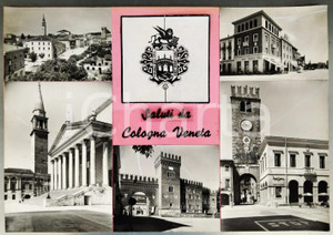 1955 ca COLOGNA VENETA Vedutine con Bar Borsa - Bozzetto preparatorio cartolina Bozzetto preparatorio per cartolina postale.Collage su cartoncino flessibile.  FAIR/discreto Lievi smussature ai margini FORMATO: 44x32 cm originale e autentica 1