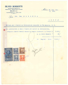 Documento originale, autentico 1940 MILANO via Buonarroti 2  Silvio BORSOTTI Imbiancatura e stucchi Fattura 1