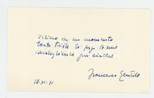 Autografo originale 1971 Francesco GENTILE Biglietto di condoglianze AUTOGRAFO 1