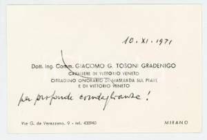 Autografo originale 1971 MIRANO Giacomo G. TOSONI GRADENIGO Biglietto condoglianze AUTOGRAFO 1