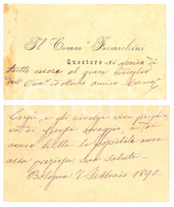 Autografo originale 1890 BOLOGNA Questore Narciso FORMICHINI  Biglietto condoglianze AUTOGRAFO 1